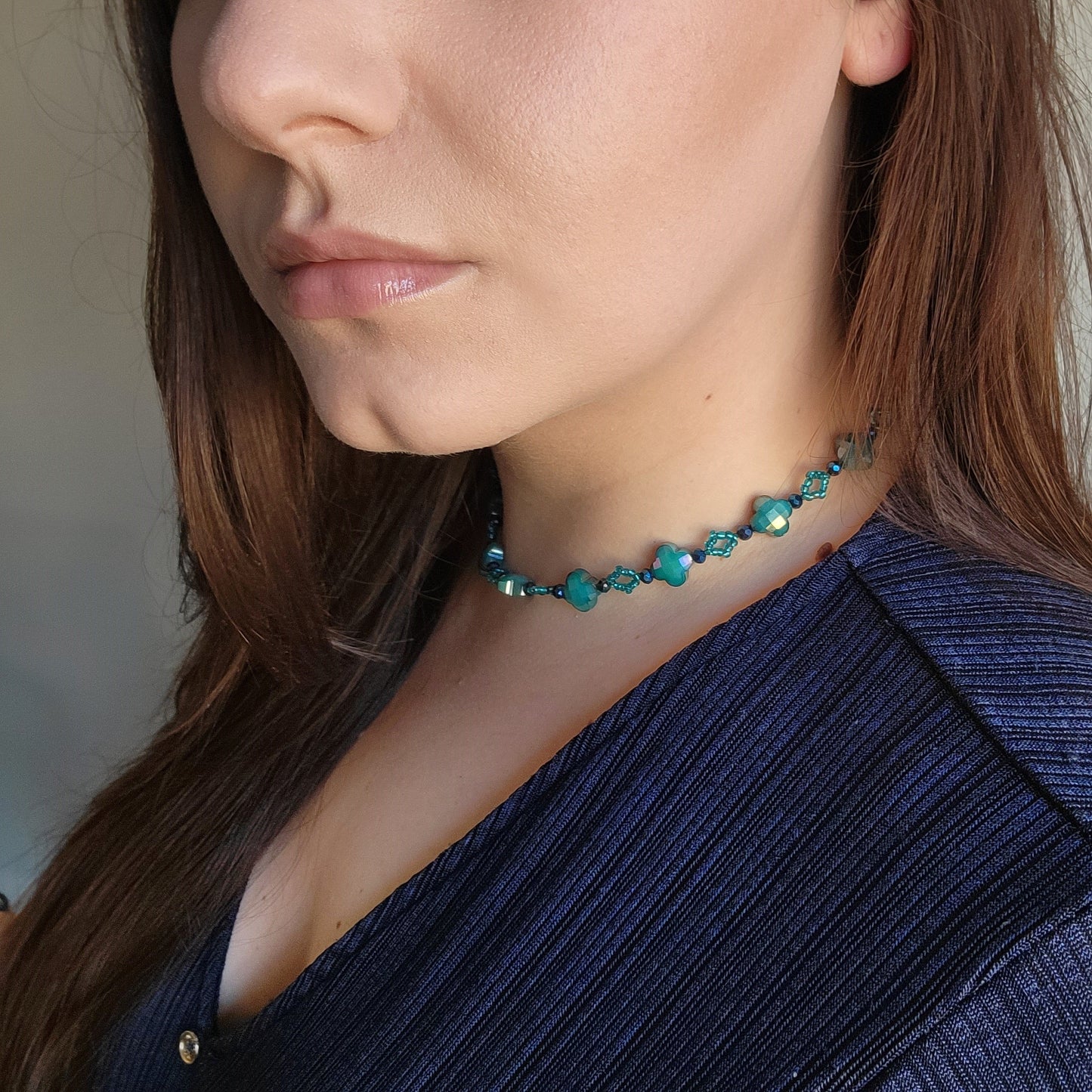 Picture 4 of 4 showing Pacific Cyan Necklace product shot model wearing it